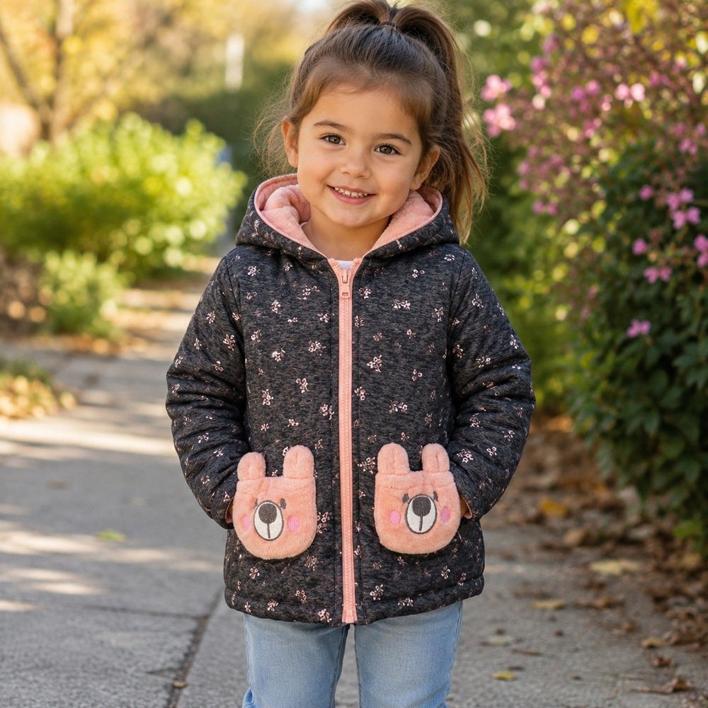 Penelope Mack Girls Floral Hooded Fleece Lined‎ Bear Pocket Jacket Gray Pink 4T